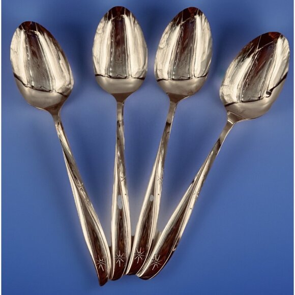 Oneida Community Twin Star Serving Spoons 4pc Set Atomic Starburst MCM Stainless - Picture 1 of 6